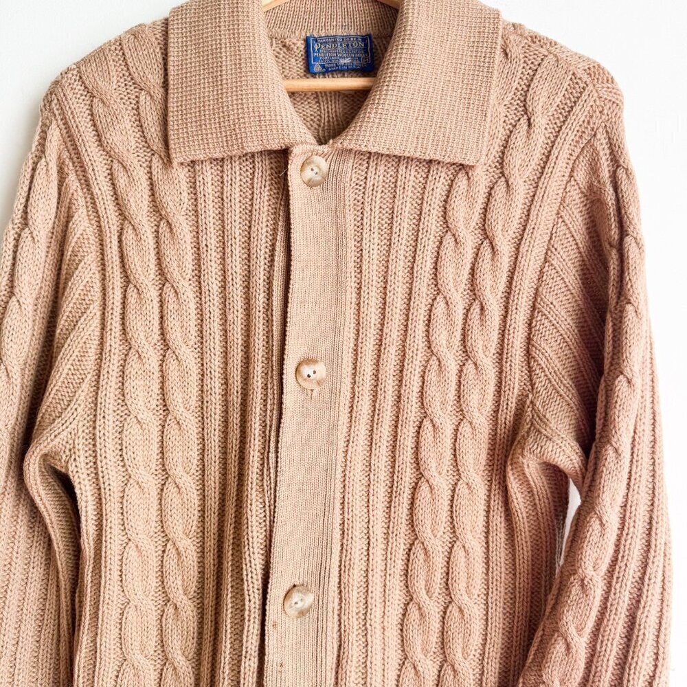 Pendleton Vintage Camel Beige Cableknkit Cardigan Sweater Virgin Wool M - Picture 3 of 8
